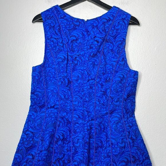 ADAM LIPPES Cobalt Blue SEAMED Corded LACE Flare COCKTAIL Mini DRESS US 12 - Picture 5 of 12